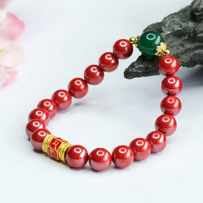 Buddha Stones Pulsera de Cuarzo Natural de Cinabrio Verde Ágata con el Patrón de Om Mani Padme Hum Bendición
