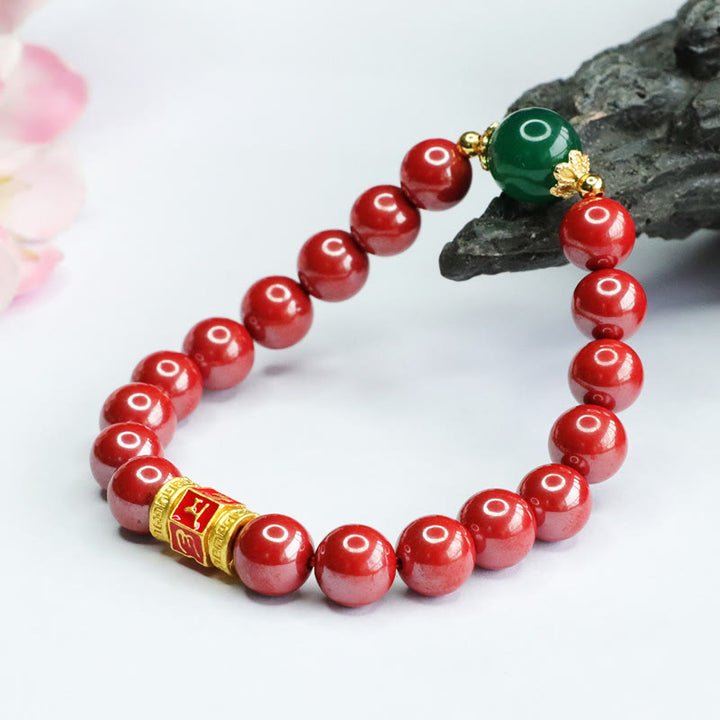 Buddha Stones Pulsera de Cuarzo Natural de Cinabrio Verde Ágata con el Patrón de Om Mani Padme Hum Bendición