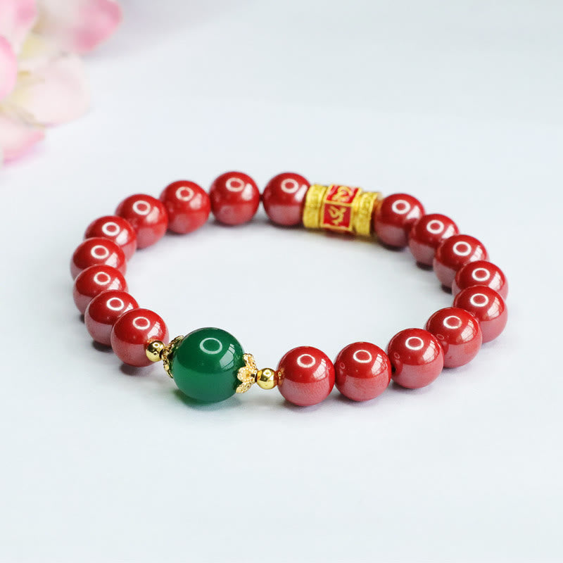 Buddha Stones Pulsera de Cuarzo Natural de Cinabrio Verde Ágata con el Patrón de Om Mani Padme Hum Bendición