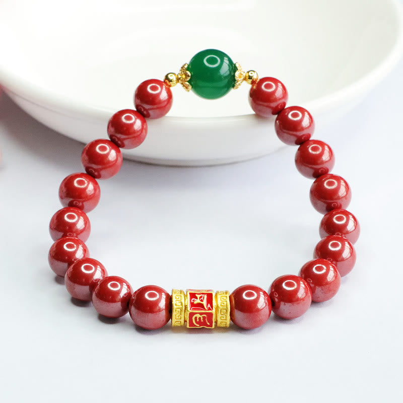 Buddha Stones Pulsera de Cuarzo Natural de Cinabrio Verde Ágata con el Patrón de Om Mani Padme Hum Bendición