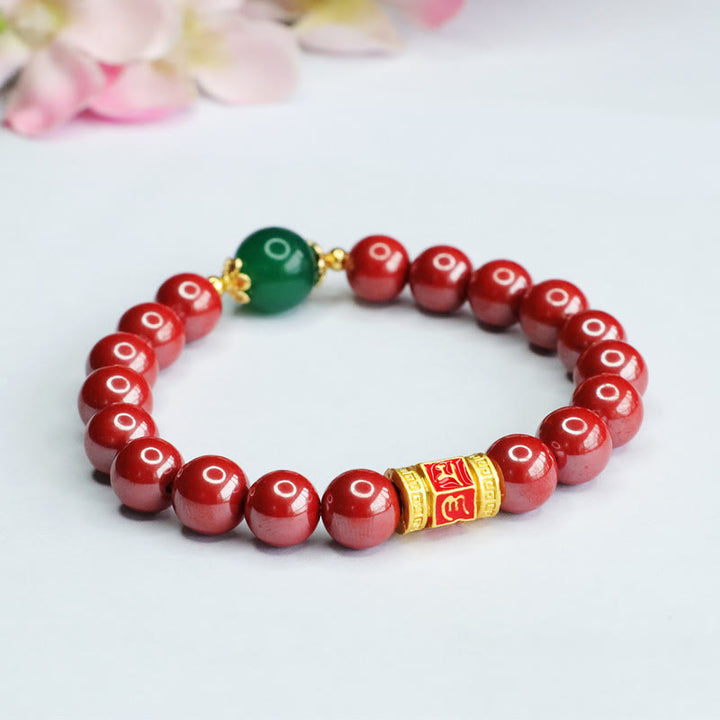 Buddha Stones Pulsera de Cuarzo Natural de Cinabrio Verde Ágata con el Patrón de Om Mani Padme Hum Bendición