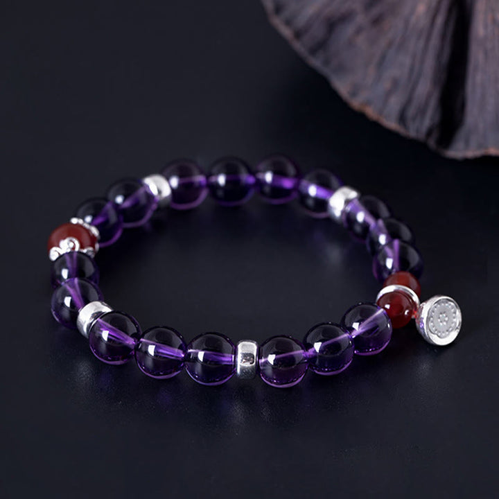 Buddha Stones pulsera positiva de plata esterlina 925 con amatista natural y ágata roja de loto