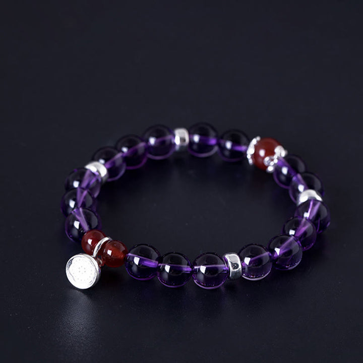 Buddha Stones pulsera positiva de plata esterlina 925 con amatista natural y ágata roja de loto