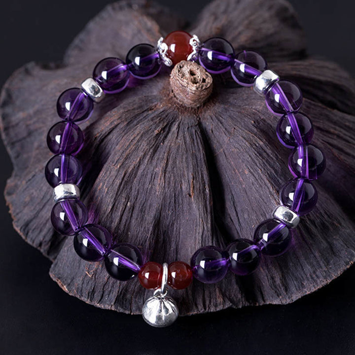 Buddha Stones pulsera positiva de plata esterlina 925 con amatista natural y ágata roja de loto