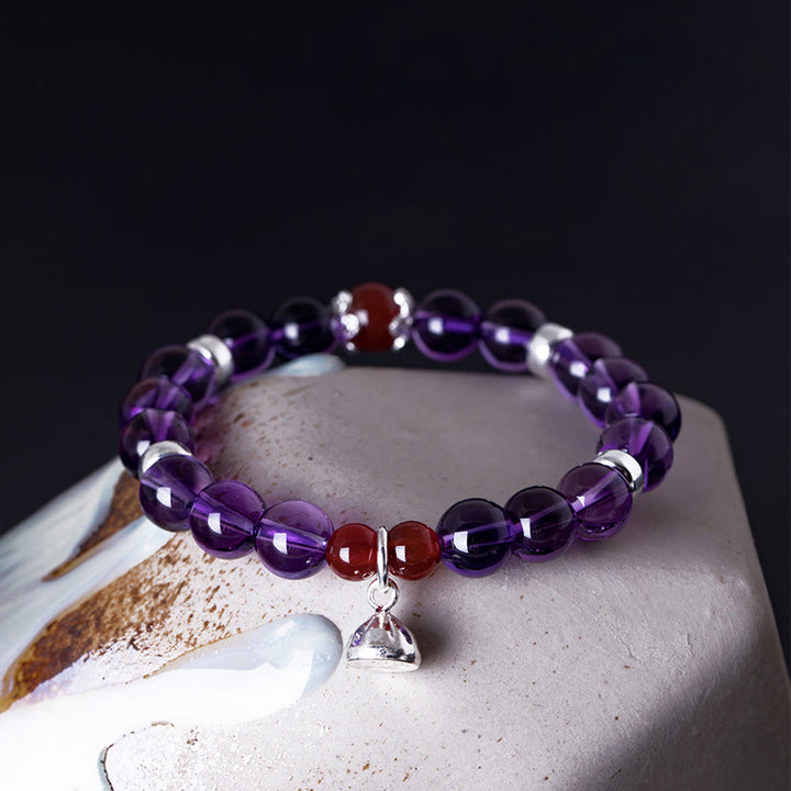 Buddha Stones pulsera positiva de plata esterlina 925 con amatista natural y ágata roja de loto
