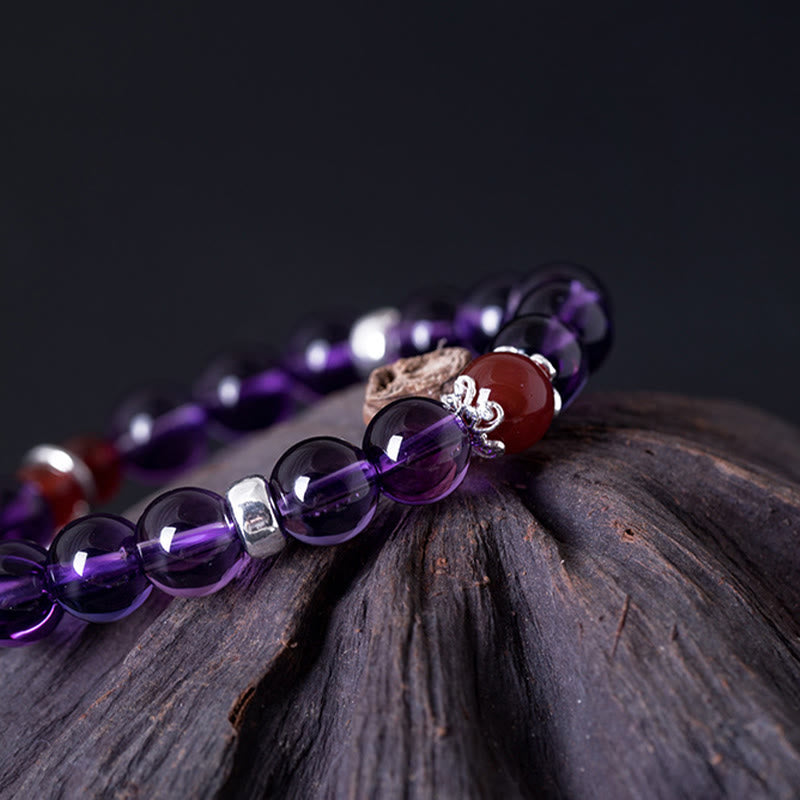 Buddha Stones pulsera positiva de plata esterlina 925 con amatista natural y ágata roja de loto
