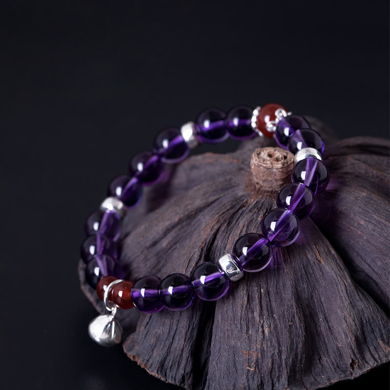 Buddha Stones pulsera positiva de plata esterlina 925 con amatista natural y ágata roja de loto