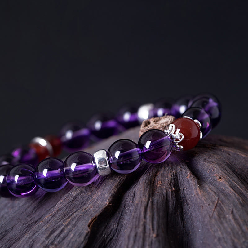Buddha Stones pulsera positiva de plata esterlina 925 con amatista natural y ágata roja de loto