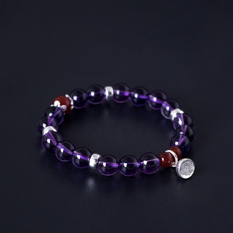 Buddha Stones pulsera positiva de plata esterlina 925 con amatista natural y ágata roja de loto