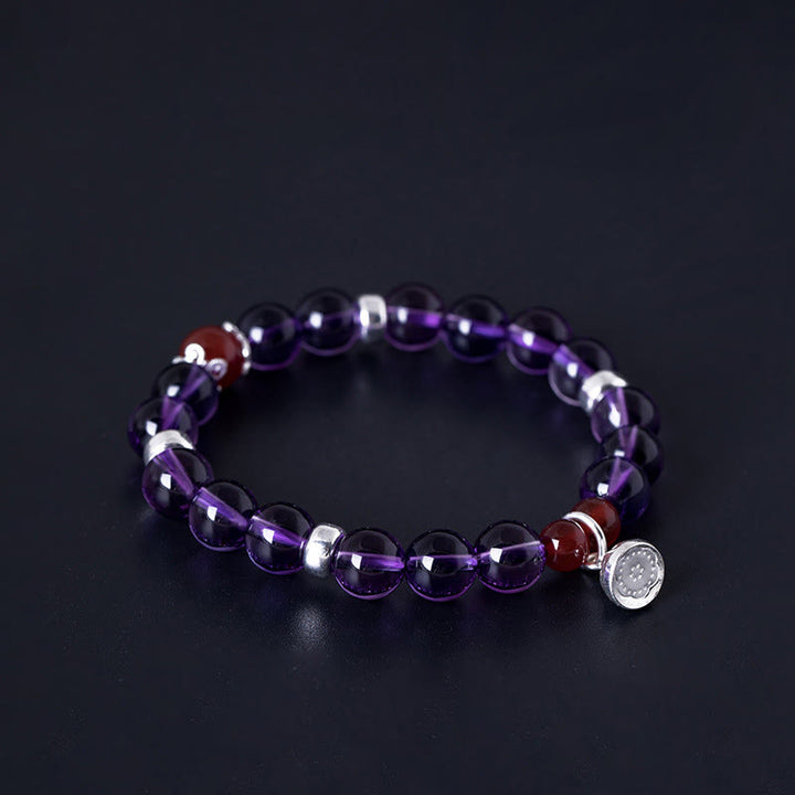 Buddha Stones pulsera positiva de plata esterlina 925 con amatista natural y ágata roja de loto