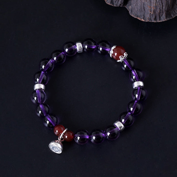 Buddha Stones pulsera positiva de plata esterlina 925 con amatista natural y ágata roja de loto