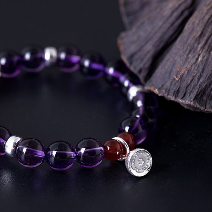 Buddha Stones pulsera positiva de plata esterlina 925 con amatista natural y ágata roja de loto