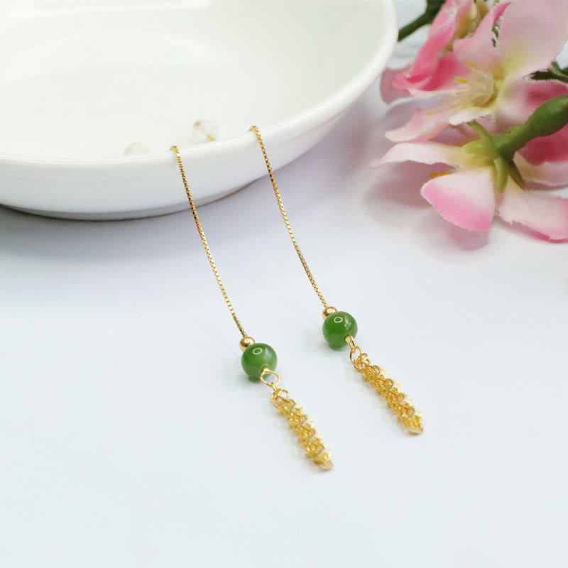 Buddha Stones Pendientes de gotas de jade natural verde cian de Hetian con cola de fénix de plata de ley 925
