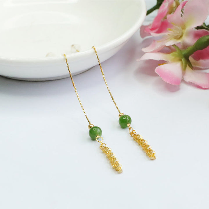 Buddha Stones Pendientes de gotas de jade natural verde cian de Hetian con cola de fénix de plata de ley 925
