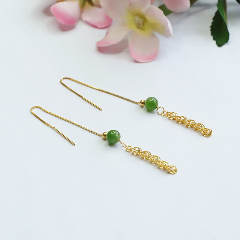 Buddha Stones Pendientes de gotas de jade natural verde cian de Hetian con cola de fénix de plata de ley 925