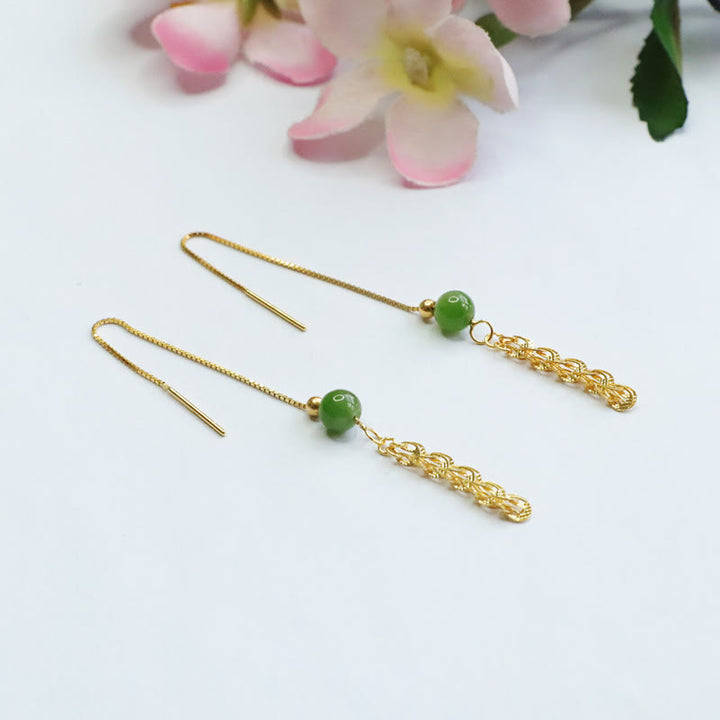 Buddha Stones Pendientes de gotas de jade natural verde cian de Hetian con cola de fénix de plata de ley 925