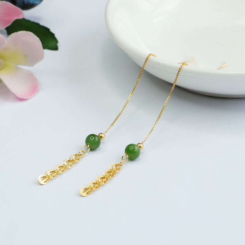 Buddha Stones Pendientes de gotas de jade natural verde cian de Hetian con cola de fénix de plata de ley 925