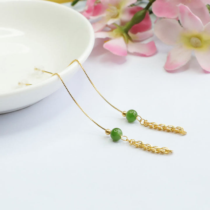Buddha Stones Pendientes de gotas de jade natural verde cian de Hetian con cola de fénix de plata de ley 925