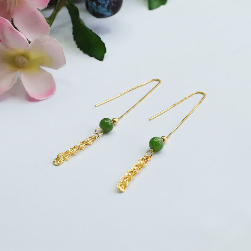 Buddha Stones Pendientes de gotas de jade natural verde cian de Hetian con cola de fénix de plata de ley 925