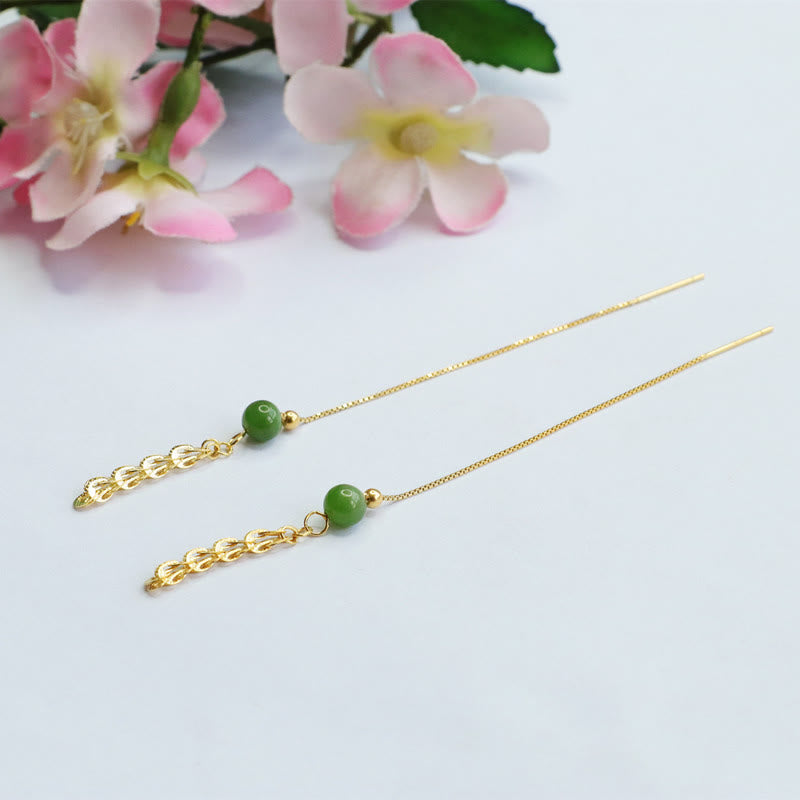 Buddha Stones Pendientes de gotas de jade natural verde cian de Hetian con cola de fénix de plata de ley 925
