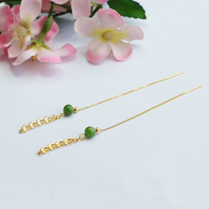 Buddha Stones Pendientes de gotas de jade natural verde cian de Hetian con cola de fénix de plata de ley 925