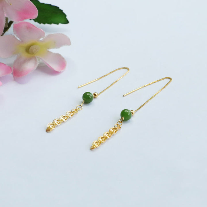 Buddha Stones Pendientes de gotas de jade natural verde cian de Hetian con cola de fénix de plata de ley 925