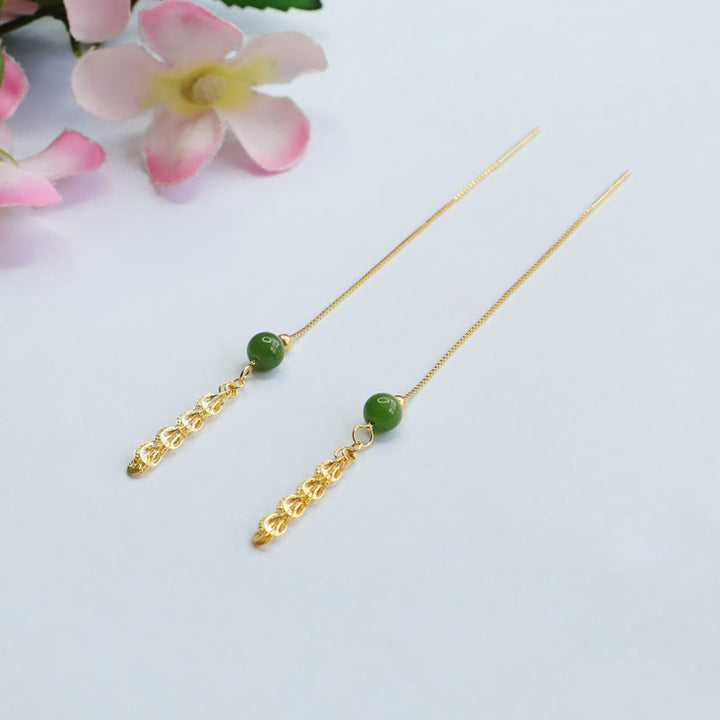 Buddha Stones Pendientes de gotas de jade natural verde cian de Hetian con cola de fénix de plata de ley 925