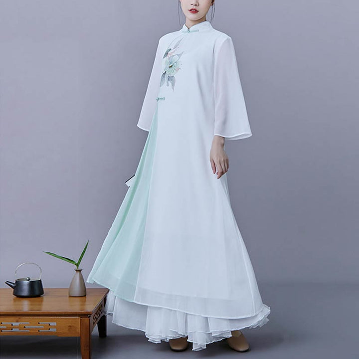 Buddha Stones 2 piezas Vestido midi con mangas tres cuartos con flores Falda de gasa Ropa zen Conjunto de mujer