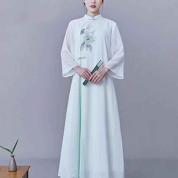 Buddha Stones 2 piezas Vestido midi con mangas tres cuartos con flores Falda de gasa Ropa zen Conjunto de mujer
