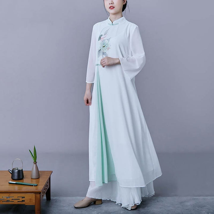 Buddha Stones 2 piezas Vestido midi con mangas tres cuartos con flores Falda de gasa Ropa zen Conjunto de mujer