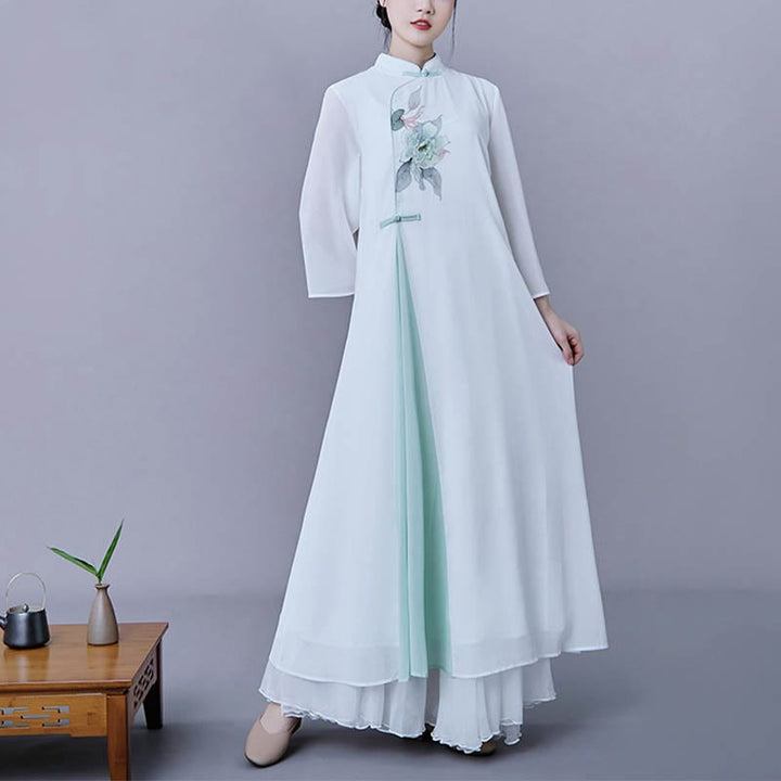 Buddha Stones 2 piezas Vestido midi con mangas tres cuartos con flores Falda de gasa Ropa zen Conjunto de mujer
