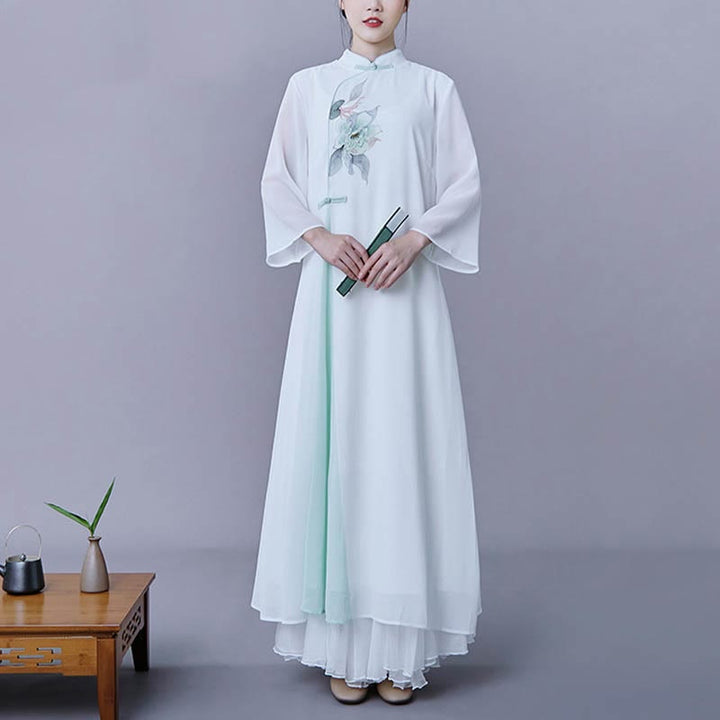 Buddha Stones 2 piezas Vestido midi con mangas tres cuartos con flores Falda de gasa Ropa zen Conjunto de mujer
