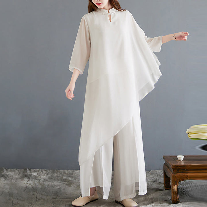 Buddha Stones Conjunto de Mujer de 2 Piezas con Camisa de Manga Tres Cuartos de Diseño Irregular y Pantalones Amplios para Meditación de Chifón