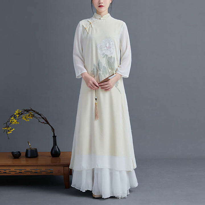 Buddha Stones Conjunto de 2 piezas de ropa Zen para mujeres: Vestido Cheongsam de flor de peonía de gasa estilo midi - image 1