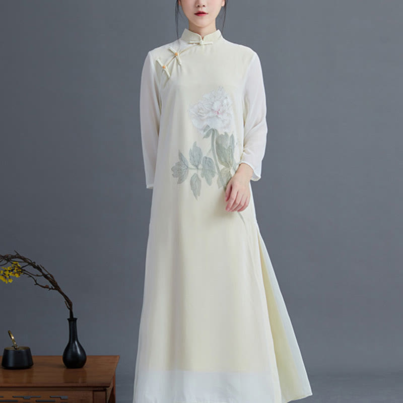 Buddha Stones Conjunto de 2 piezas de ropa Zen para mujeres: Vestido Cheongsam de flor de peonía de gasa estilo midi