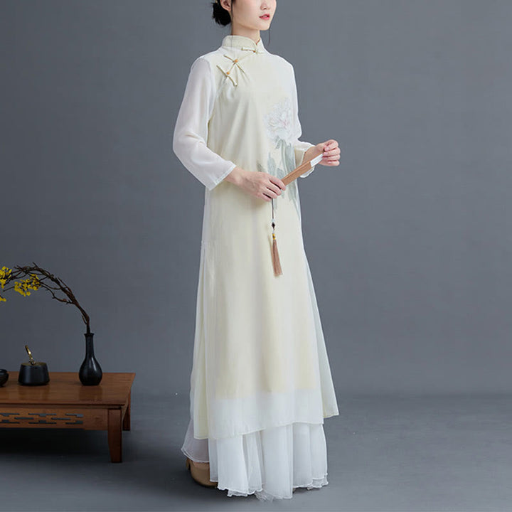 Buddha Stones Conjunto de 2 piezas de ropa Zen para mujeres: Vestido Cheongsam de flor de peonía de gasa estilo midi - image 2