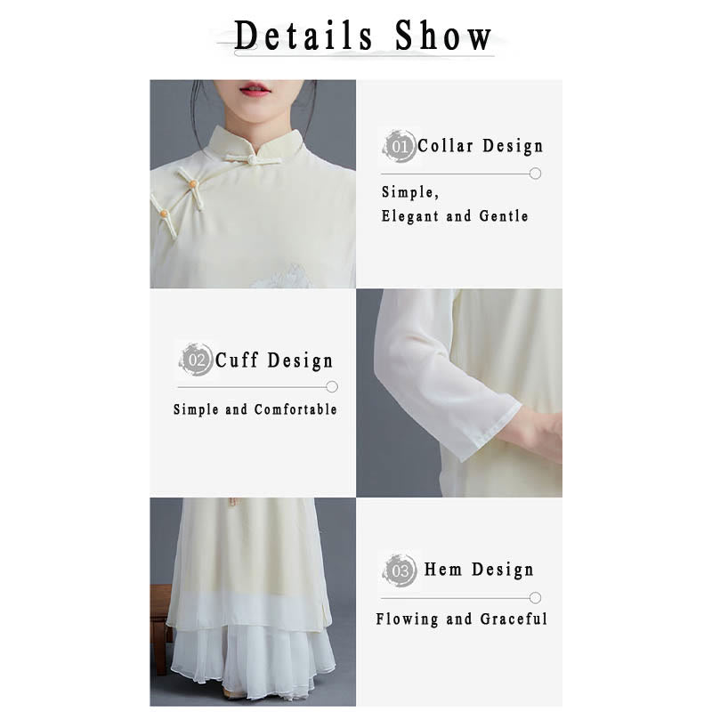 Buddha Stones Conjunto de 2 piezas de ropa Zen para mujeres: Vestido Cheongsam de flor de peonía de gasa estilo midi - image 4