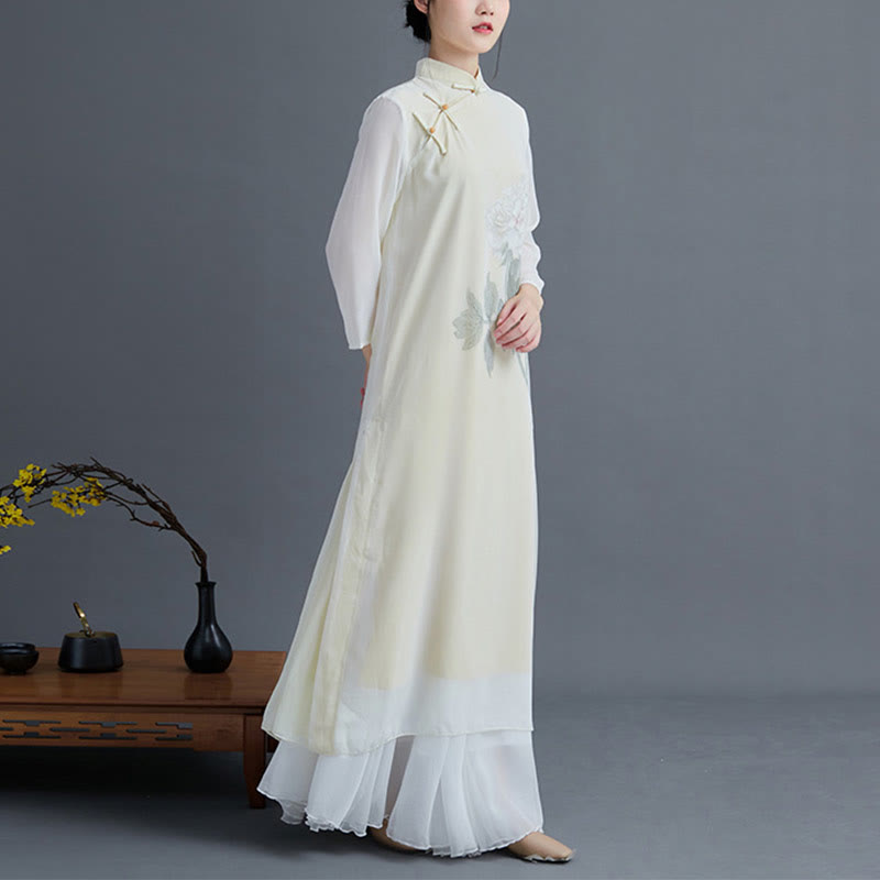 Buddha Stones Conjunto de 2 piezas de ropa Zen para mujeres: Vestido Cheongsam de flor de peonía de gasa estilo midi