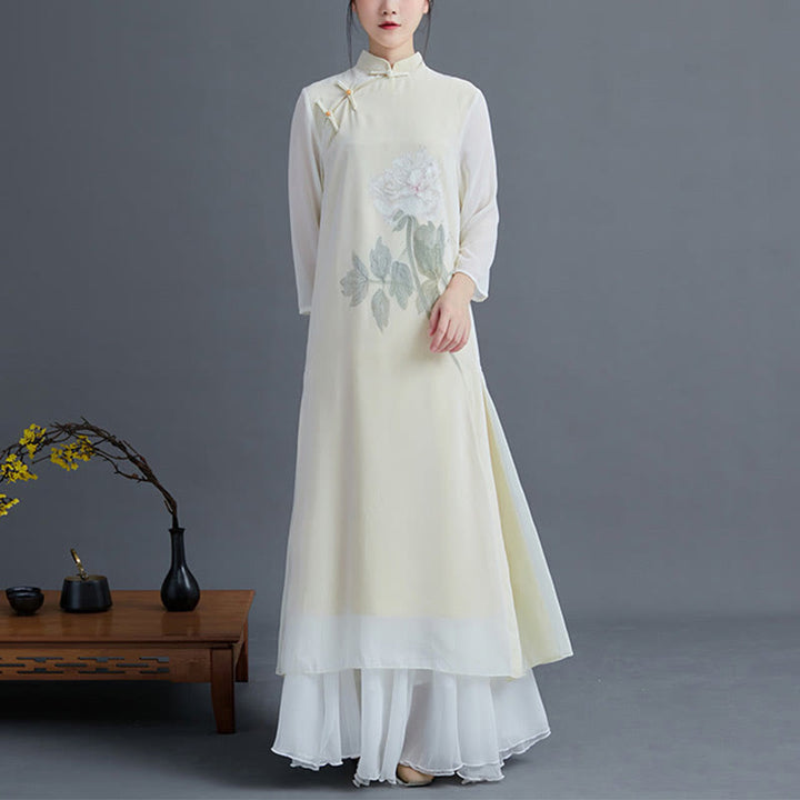 Buddha Stones Conjunto de 2 piezas de ropa Zen para mujeres: Vestido Cheongsam de flor de peonía de gasa estilo midi