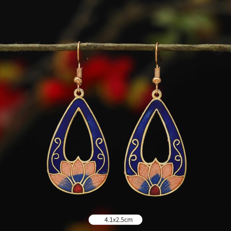 Pendientes de gota de iluminación de Buda, piedras, loto, mariposa, flor, aleación de cobre - Loto azul 4,1 x 2,5 cm - image 5