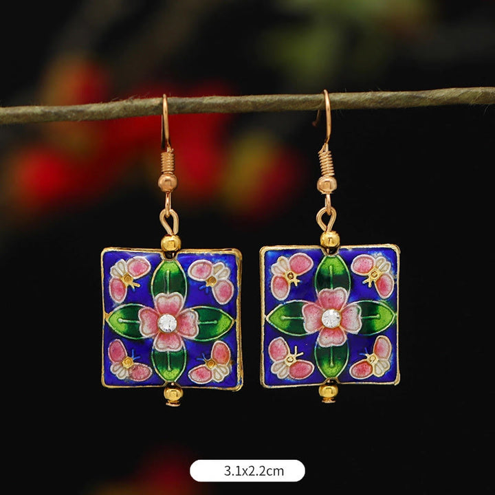 Pendientes de gota de iluminación de Buda, piedras, loto, mariposa, flor, aleación de cobre - Flor cuadrada azul oscuro 3,1 x 2,2 cm - image 25