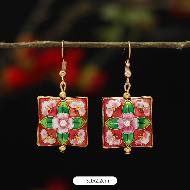 Pendientes de gota de iluminación de Buda, piedras, loto, mariposa, flor, aleación de cobre - Flor cuadrada roja y verde 3,1 x 2,2 cm - image 24