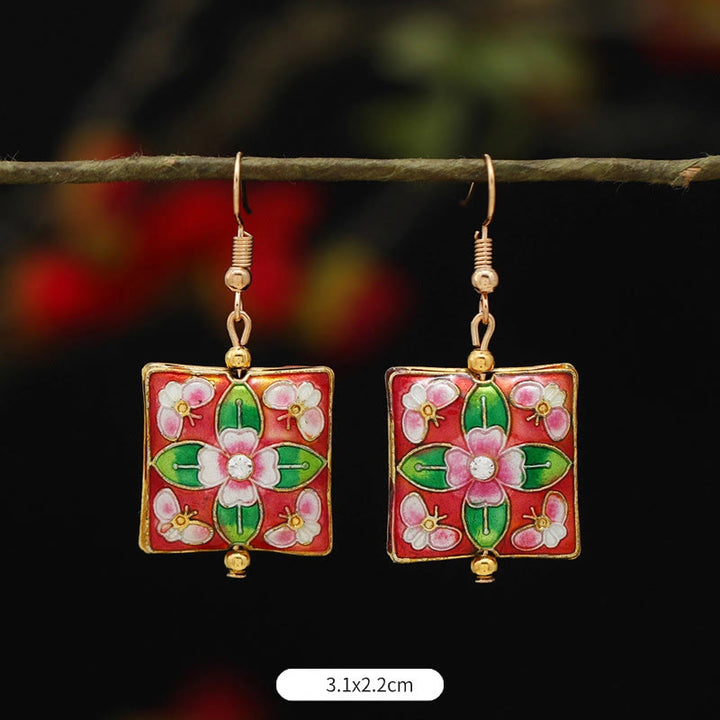 Pendientes de gota de iluminación de Buda, piedras, loto, mariposa, flor, aleación de cobre - Flor cuadrada roja y verde 3,1 x 2,2 cm - image 24