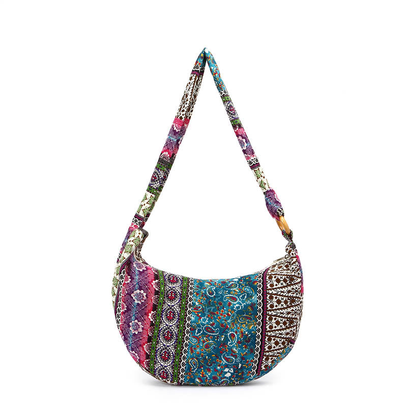Bolso de Algodón con Rayas Estampadas de Buddha Stones para Llevar Cruzado y al Hombro