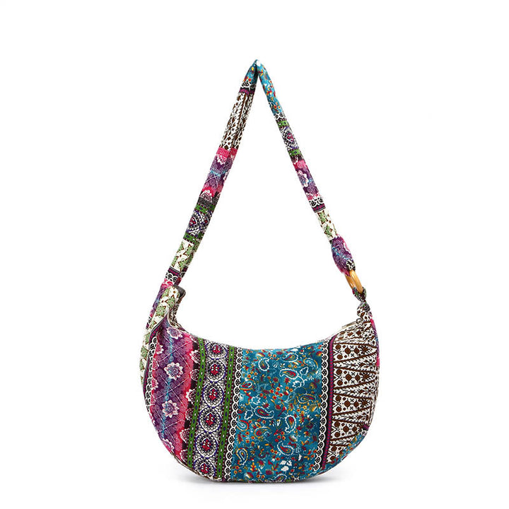 Bolso de Algodón con Rayas Estampadas de Buddha Stones para Llevar Cruzado y al Hombro