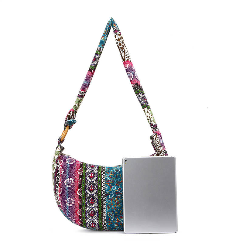 Bolso de Algodón con Rayas Estampadas de Buddha Stones para Llevar Cruzado y al Hombro