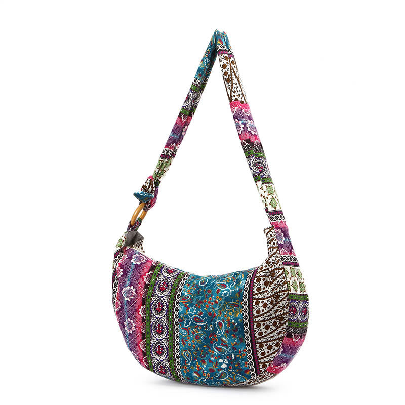 Bolso de Algodón con Rayas Estampadas de Buddha Stones para Llevar Cruzado y al Hombro