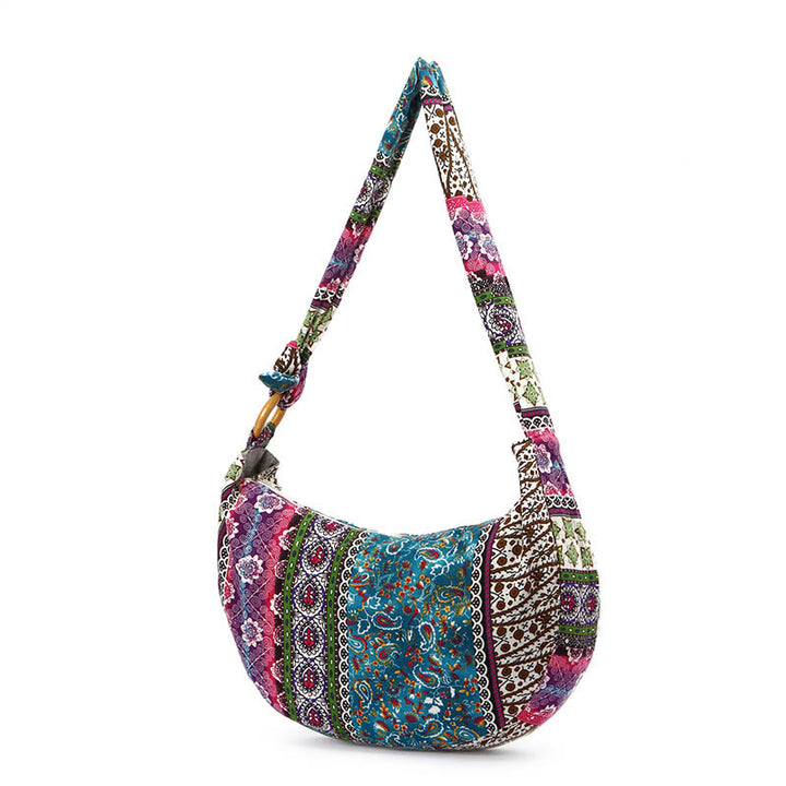 Bolso de Algodón con Rayas Estampadas de Buddha Stones para Llevar Cruzado y al Hombro
