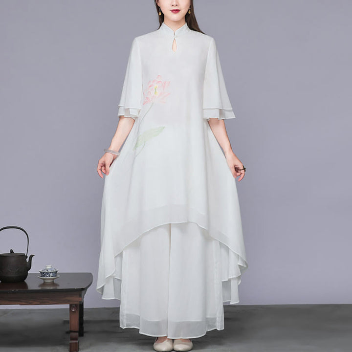 Buddha Stones Conjunto de Mujer de 2 Piezas con Vestido Midi de Cheongsam de Flor de Loto y Pantalones Anchos de Pierna de Chifón Zen - Vestido y pantalón - US12, UK/AU16, EU44 (2XL)  - image 0