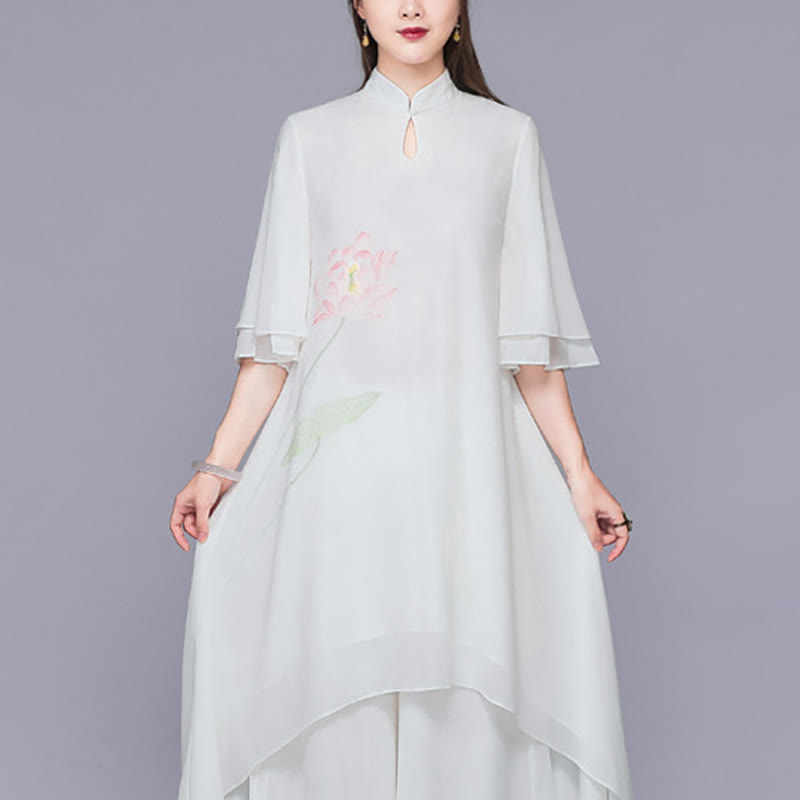 Buddha Stones Conjunto de Mujer de 2 Piezas con Vestido Midi de Cheongsam de Flor de Loto y Pantalones Anchos de Pierna de Chifón Zen - Vestido (solo vestido) - US12, UK/AU16, EU44 (2XL)  - image 5